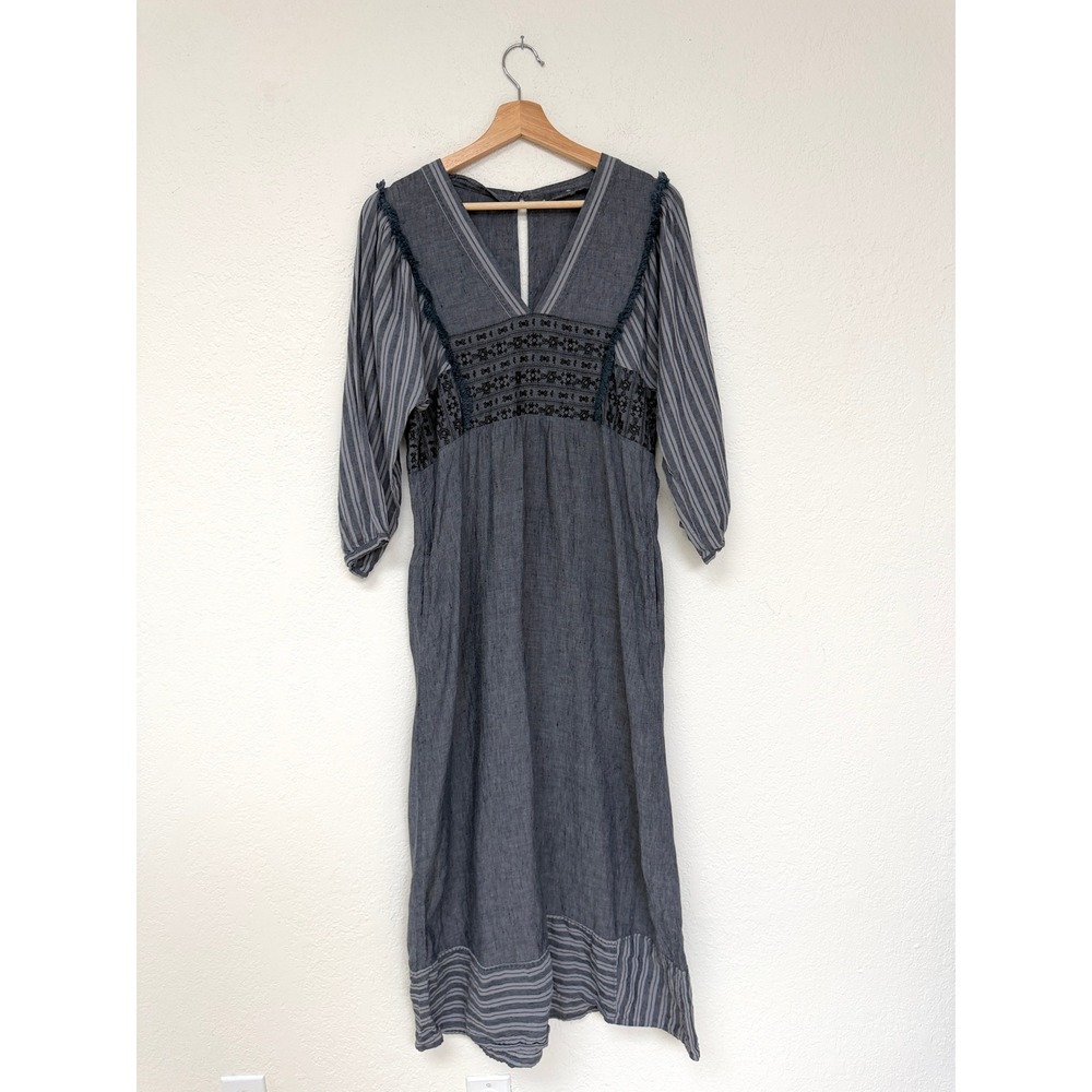 WRAP LONDON Linen Embroidered Midi Dress Striped Puff Sleeve Boho Maxi Size 6